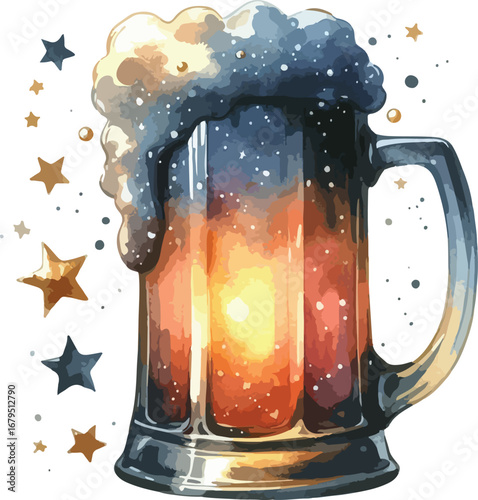 Stylized Watercolor Beer Mug Illustration with Starry Galaxy Effect and Decorative Stars for Celebratory Occasions