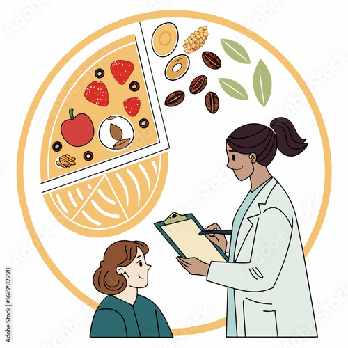 Nutritionist consulting a patient about a healthy balanced diet represented by a food group pie chart