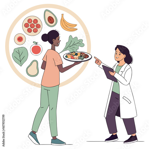 Nutritionist consulting with a patient about a healthy balanced meal and diverse food choices