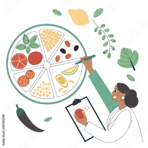Nutritionist creating a healthy meal plan with a balanced diet food plate and fresh ingredients
