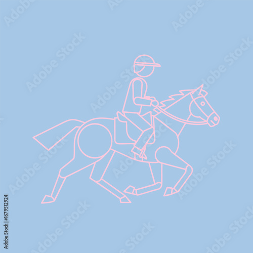 A minimalist illustration of a jockey riding a horse at full gallop against a soft blue background