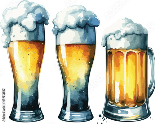 Three Delicious Beers with Frothy Heads on White Background Watercolor Illustration Style Representing Refreshment and Celebration Perfect for Food and Beverage Concepts