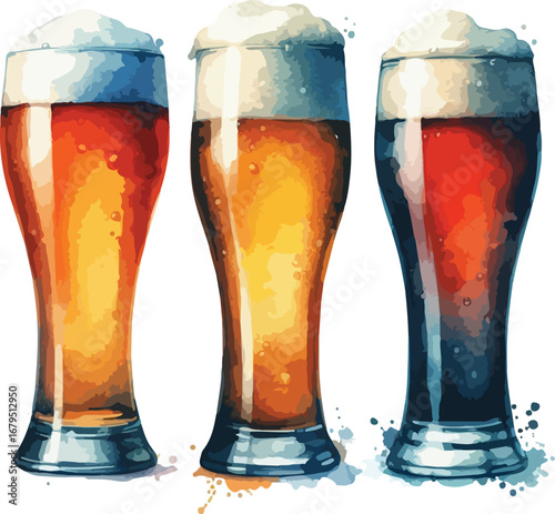 Three Delicious Craft Beer Glasses with Frothy Tops and Watercolor Effect Displaying a Variety of Brews and Flavors