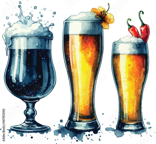 Three Glasses of Artistically Illustrated Beer with Foamy Tops and Decorative Garnishes Isolated on White Background