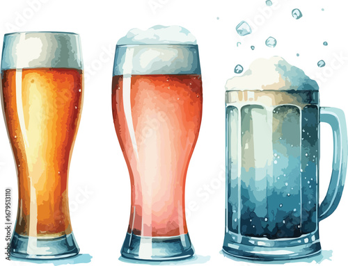Three Glasses of Beer a Watercolor Painting Representing Golden Lager Red Ale and a Dark Stout
