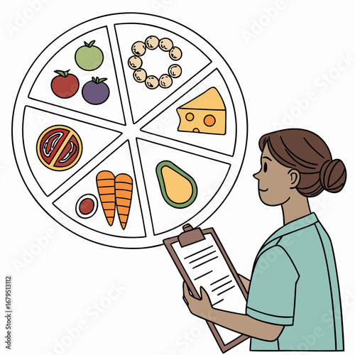 Nutritionist reviewing a healthy food plate divided into sections with various food items