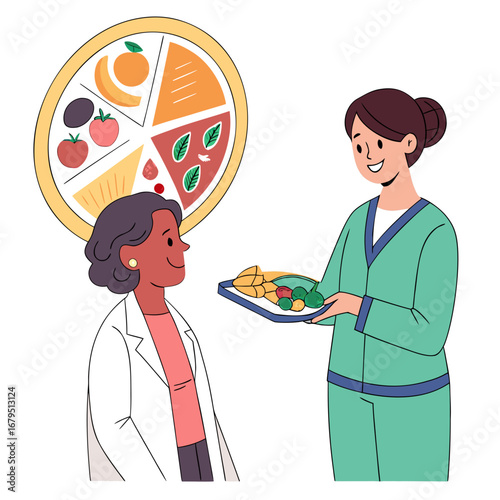 Nutritionist or doctor showing a healthy balanced diet plate to a patient