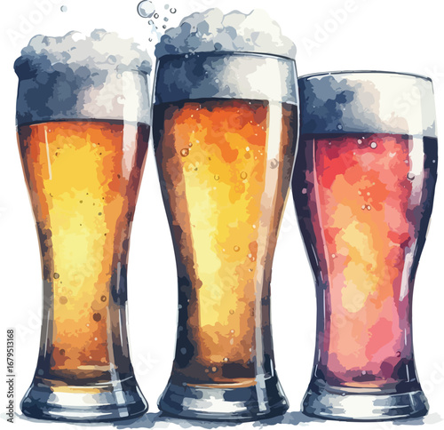 Three Glasses of Beer in Varied Colors with Foamy Heads Alcohol Beverage Illustration