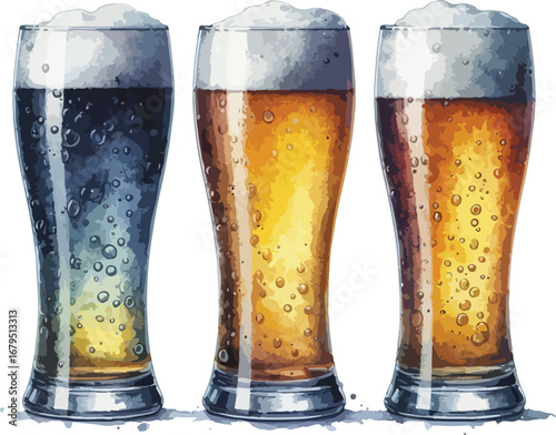 Three Glasses of Beer with Foam and Bubbles in Watercolor Style Different Beer Colors Beverage Variety Refreshment