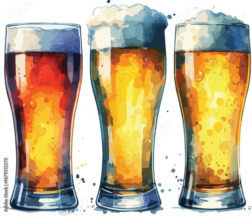 Three Glasses of Beer with Watercolor Style Illustration Representing Different Types of Craft Beverages and Refreshments
