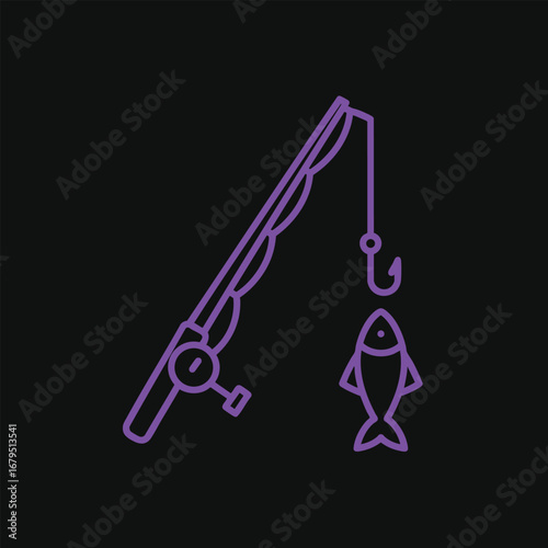Fishing rod with a fish caught on a hook, set against a dark background, ideal for illustrating fishing activities
