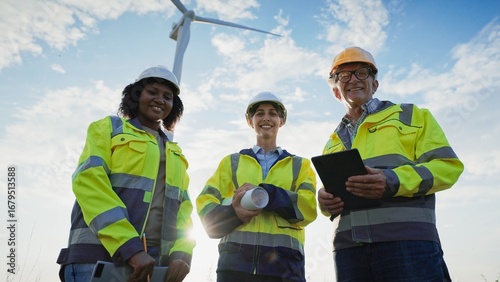 Multi-ethnic group of inspectors finishing discussion and looking directly at camera while smiling. Above wind turbine spinning fast. Proud people. Producing green energy. Saving planet.