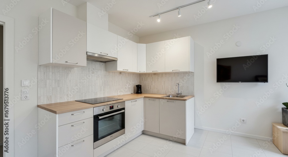 Fototapeta premium A small, sleek modern kitchen with light and beige cabinets.