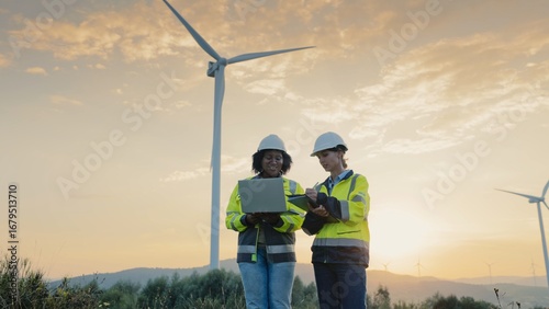 Fotografie Twi multi-ethnic women working together next to large wind turbines