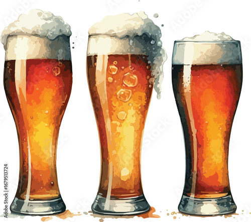 Three Glasses of Refreshing Beer Illustration with Foamy Head and Amber Color Watercolor Painting for Bar Pub Restaurant Menu and Advertising