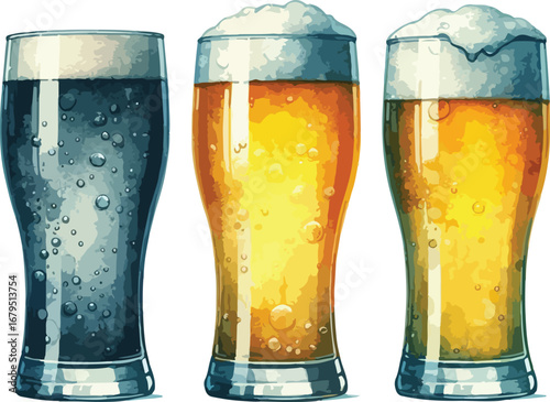Three Glasses of Refreshing Beer with Foamy Head Illustration for Bar and Brewery Artwork and Design Projects