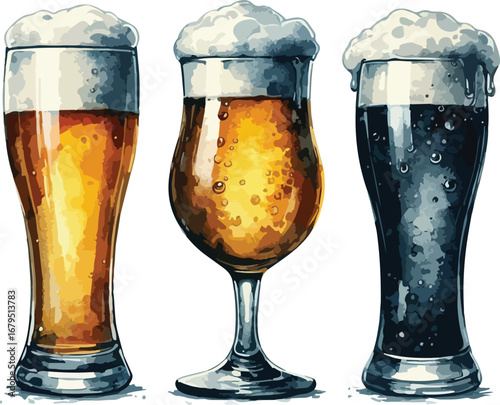 Three Glasses of Different Types of Beer with Frothy Heads A Watercolor Illustration for Craft Beer Lovers