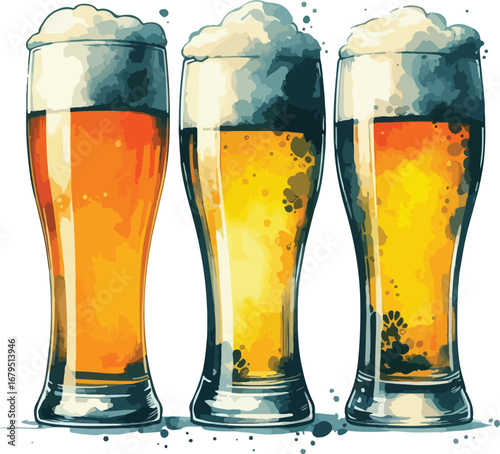 Three Glasses of Watercolor Beer with Frothy Heads Celebrating Craft Beer and Good Times Perfect for Bar or Restaurant Menus and Social Media