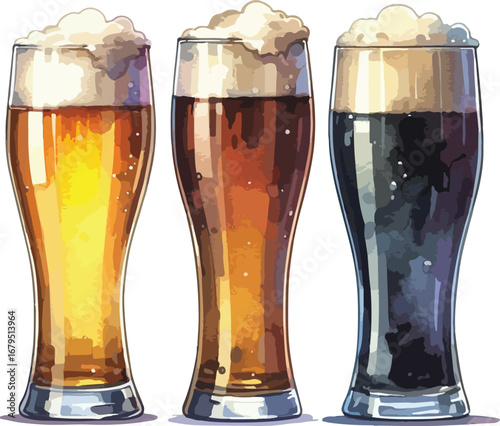 Three Varieties of Beer Displayed in Tall Elegant Glasses with Rich Colors and Foamy Heads on a White Background