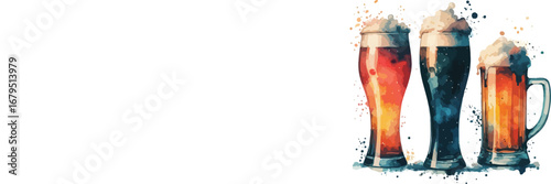 Three Watercolor Beer Glasses Filled with Different Types of Refreshing Craft Beer with Foamy Heads and Splatters on a White Background