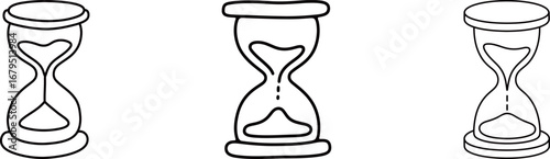 Set of vector illustrations of hourglasses. Three black and white drawings of sand timers, representing time, deadline, and countdown concepts, isolated on a white background.
