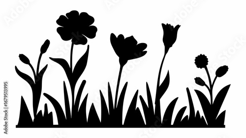 Silhouette of a flower garden with various blooms and buds in a row against a white background scene | editable eps vectors