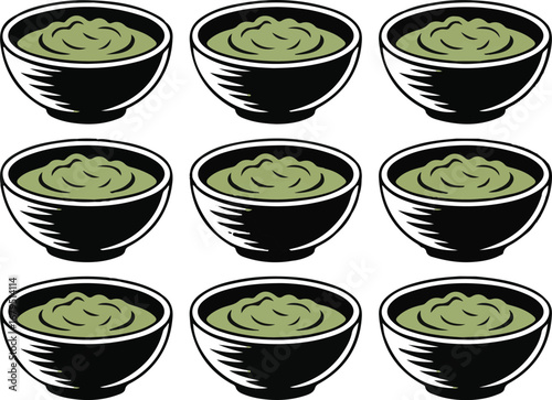 Guacamole Galore: A Grid of Bowls Filled with Avocado Dip for Culinary Illustrations
