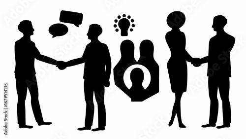 Silhouette of people shaking hands with speech bubbles and idea bulb above group icon design | editable eps vectors
