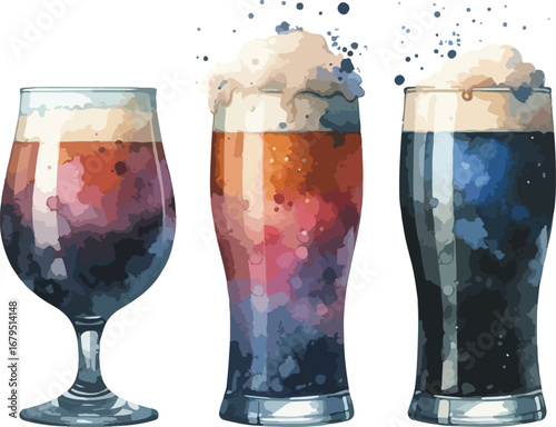 Three watercolor style beer glasses filled with delicious craft beer varieties showcasing amber and dark brews with creamy foam isolated on white background