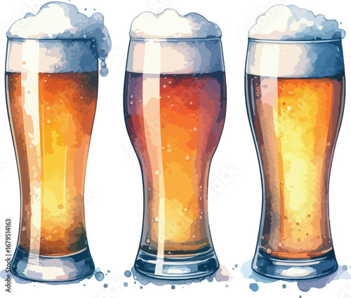 Three watercolor style beer glasses filled with golden ale and frothy white head perfect for summer celebrations and refreshing moments