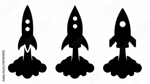 Three black rocket ships launching with smoke and flames on a white background in a vector illustration | editable eps vectors silhouette
