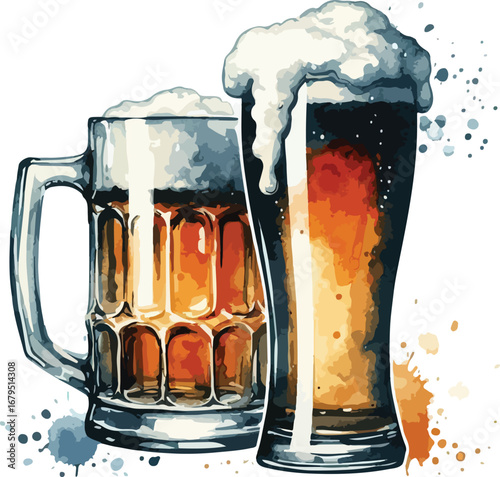 Two Glasses of Fresh Draft Beer with Frothy Head Artistic Watercolor Illustration Perfect for Bar and Restaurant Designs