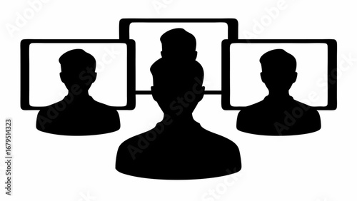 Silhouette of a person surrounded by screens displaying other people in a virtual meeting setup online | editable eps vectors