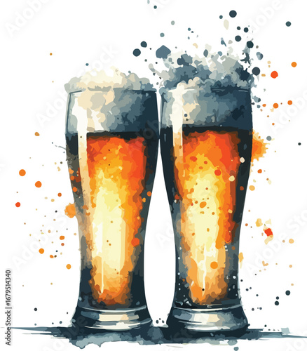 Two Glasses of Refreshing Beer with Watercolor Style Splatters Festive Celebration Oktoberfest Brew Art Illustration