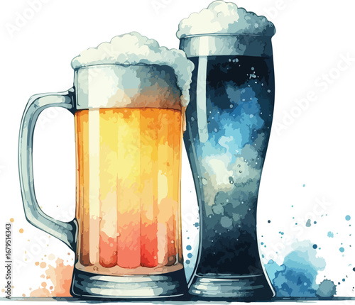 Two Glasses of Watercolor Beer Golden Lager and Dark Stout Isolated on White Background Delicious and Refreshing