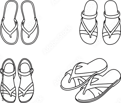 Set of stylish flip-flops and sandals. Four black and white vector illustrations of different casual summer footwear, perfect for fashion designs, product catalogs, or e-commerce graphics.