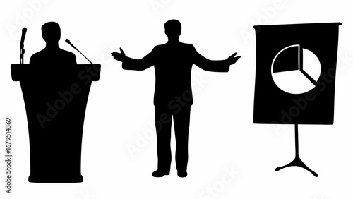Silhouette illustration of presentation with speaker podium and pie chart on display board shown | editable eps vectors