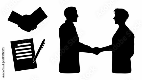 Silhouette of two men shaking hands with a document and pen and a handshake symbol above them | editable eps vectors