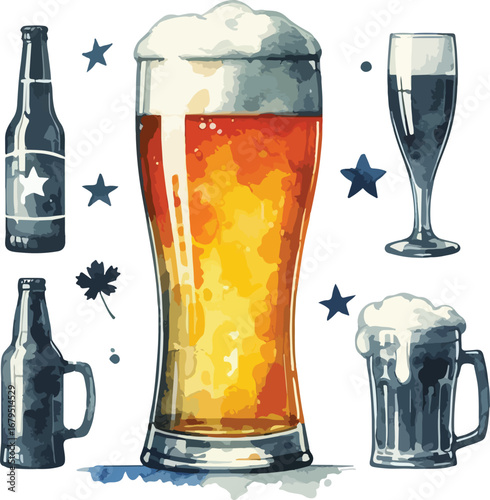 Variety of Beer Glasses and Bottles Watercolor Illustration with Festive Stars and a Hop Leaf on a White Background