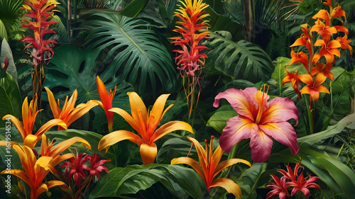Fototapeta Naklejka Na Ścianę i Meble -  Vibrant tropical botanical garden displaying an assortment of exotic blooming flowers and lush green foliage in full bloom