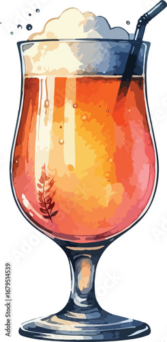 Vibrant Tropical Cocktail with Creamy Topping and Straw Watercolor Illustration Style for Refreshing Summer Vibes and Relaxing Getaways