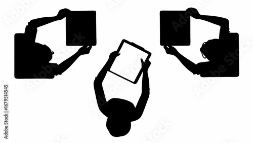 Silhouette depiction of three people holding up tablets or clipboards in a top down aerial view style | editable eps vectors