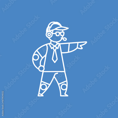 Cartoon illustration of a coach directing a sports team, with a blue background highlighting the coaching action