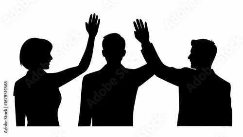 Silhouettes of three people with raised hands in a black and white illustration style image format | editable eps vectors