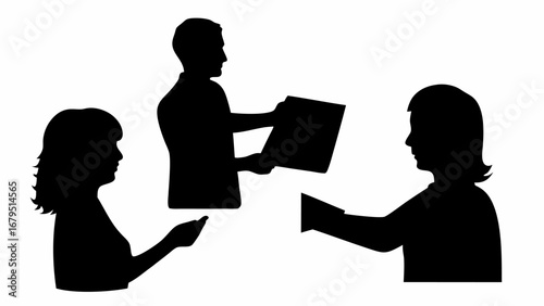 Silhouettes of three people exchanging documents in a business transaction scenario depicted in black | editable eps vectors