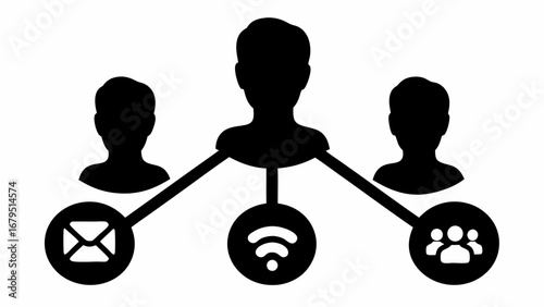Network connection diagram showing a central figure linked to email wifi and group icons in black and white | editable eps vectors silhouette