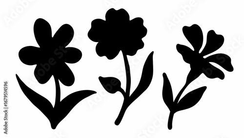 Three black flower silhouettes with stems and leaves isolated on a white background in a simple illustration | editable eps vectors