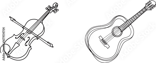 Vector illustrations of musical instruments. Two black and white line art drawings of a violin with a bow and an acoustic guitar, perfect for music-themed designs, logos, or education.