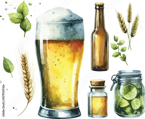 Watercolor Beer and Ingredients for Craft Brewing Illustration with Lemon Hops Wheat and Spices for a Refreshing Drink