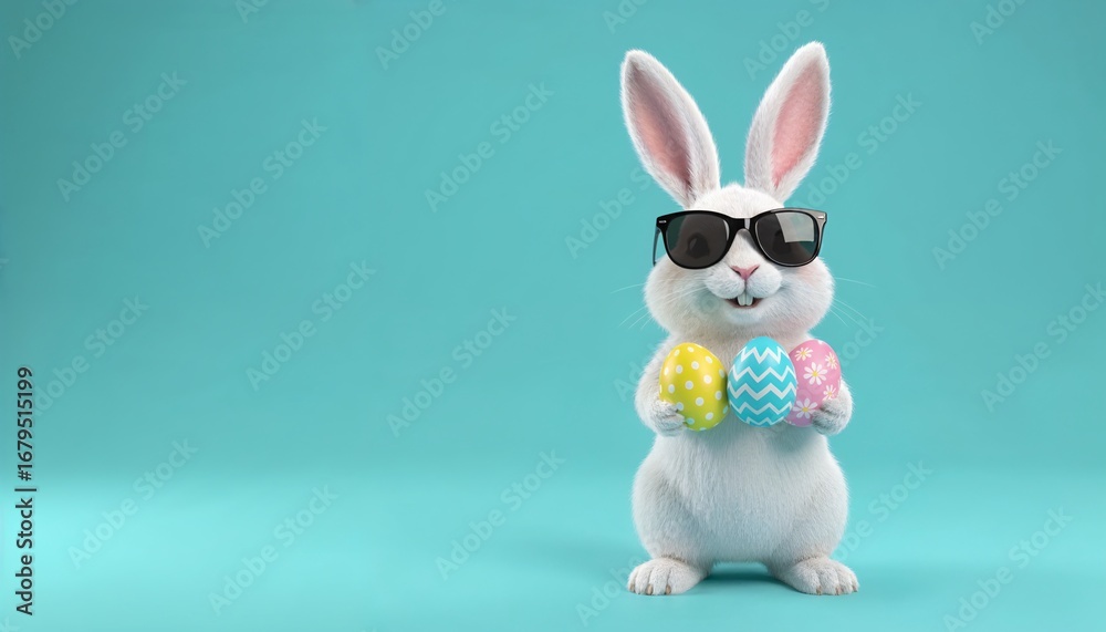 Obraz premium Easter Celebration, Rabbit with Sunglasses, Studio, Photo, Colorful Background, Front View, Fun and Playful Theme